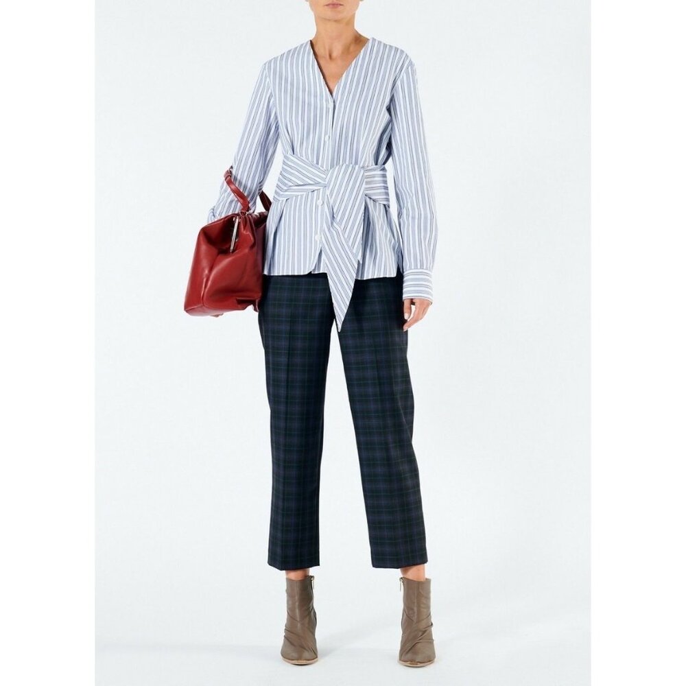 Tibi Liam Stripe V-Neck Shirt with Removable Tie Long Sleeve Button Front Size 2